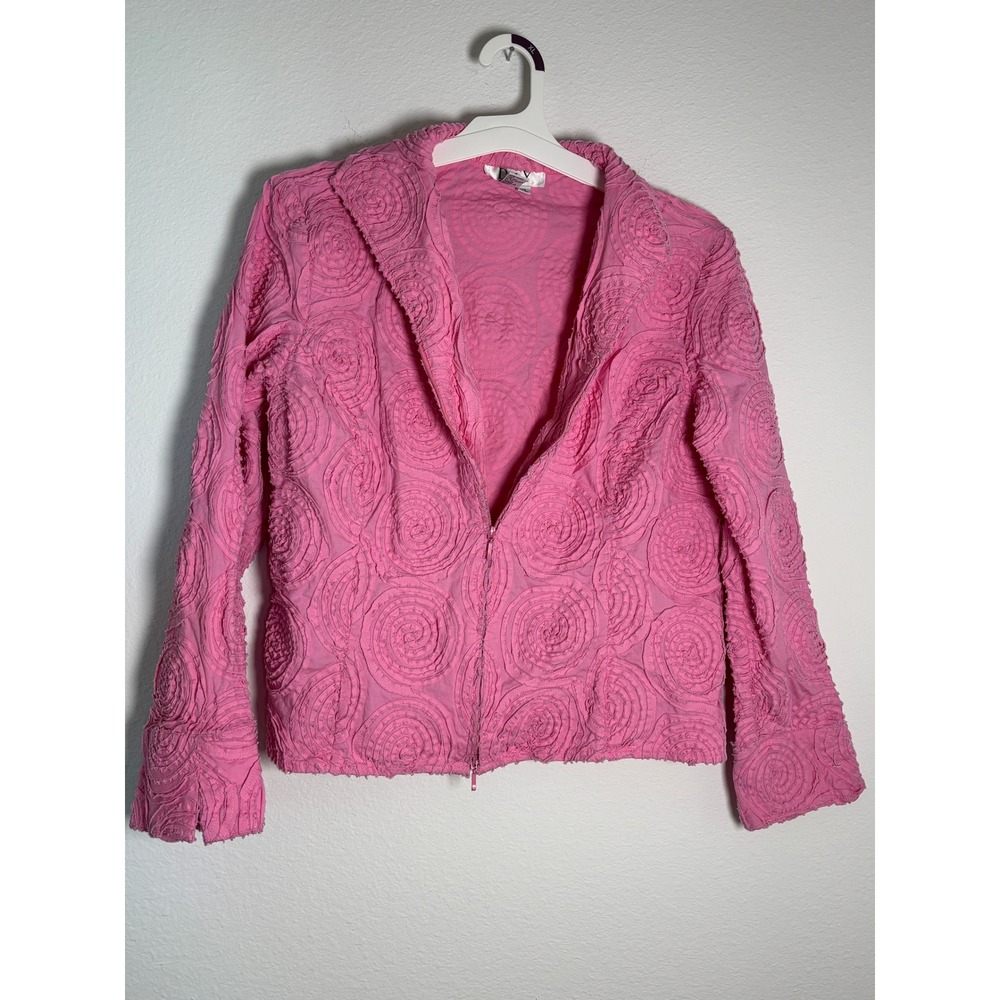 D & Y Pink Rosette Textured Zip Up Jacket XL Cotton Blend‎ Swirl Pattern Blazer